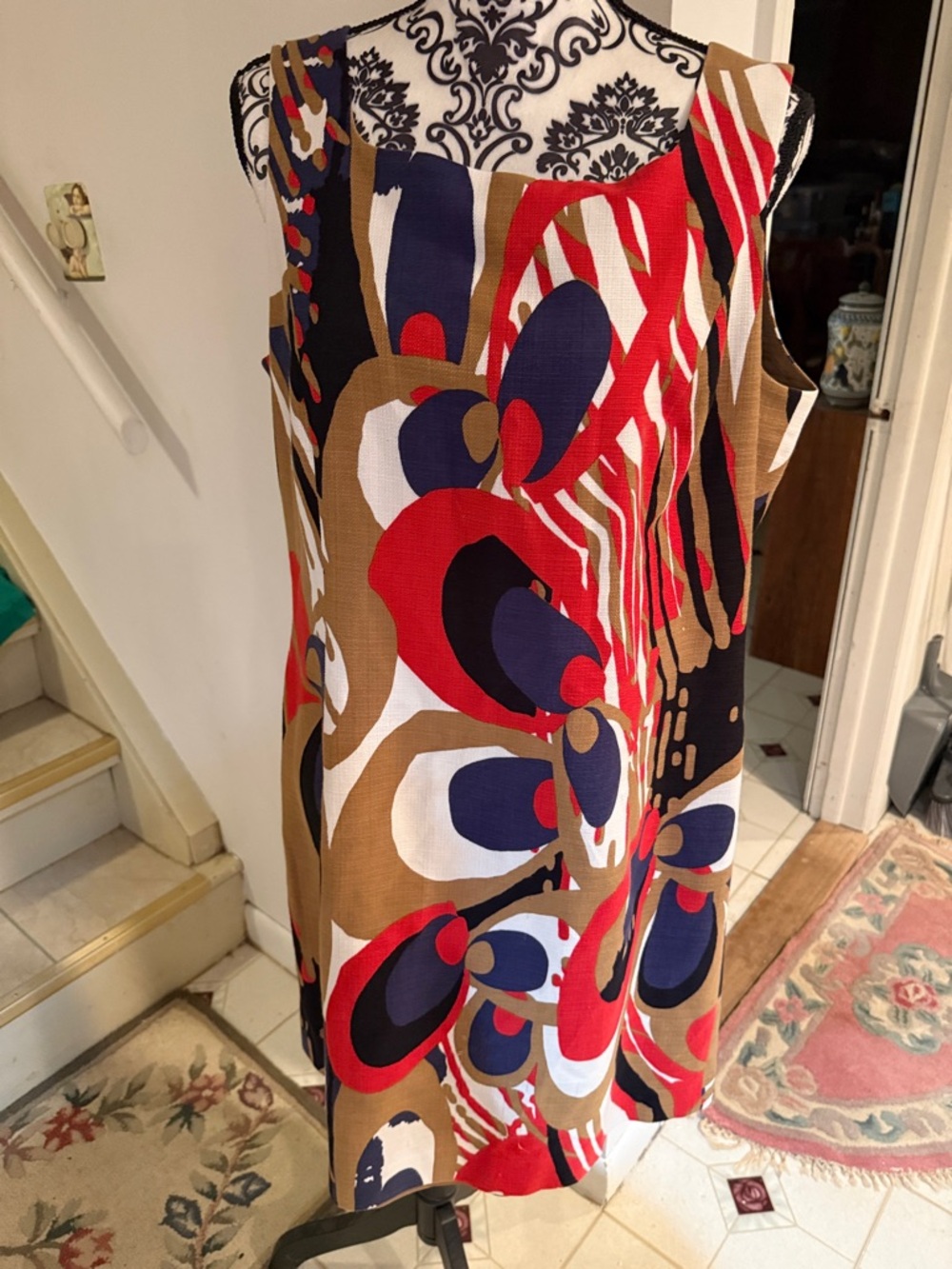 Bold Abstract Print Sleeveless Dress in Red, Navy & Tan